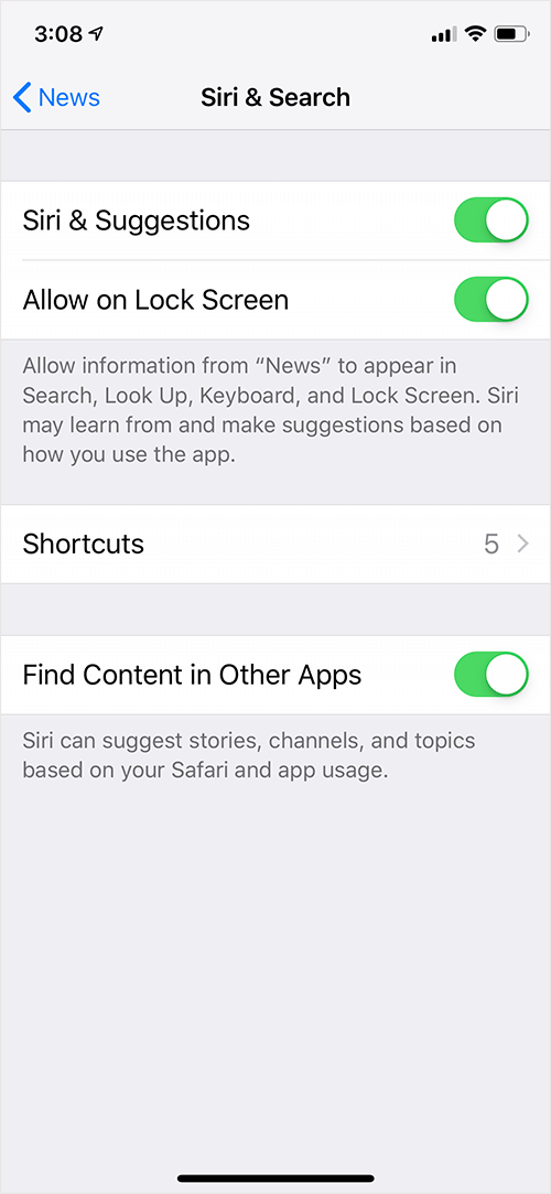 Siri  Search Settings for Apple News