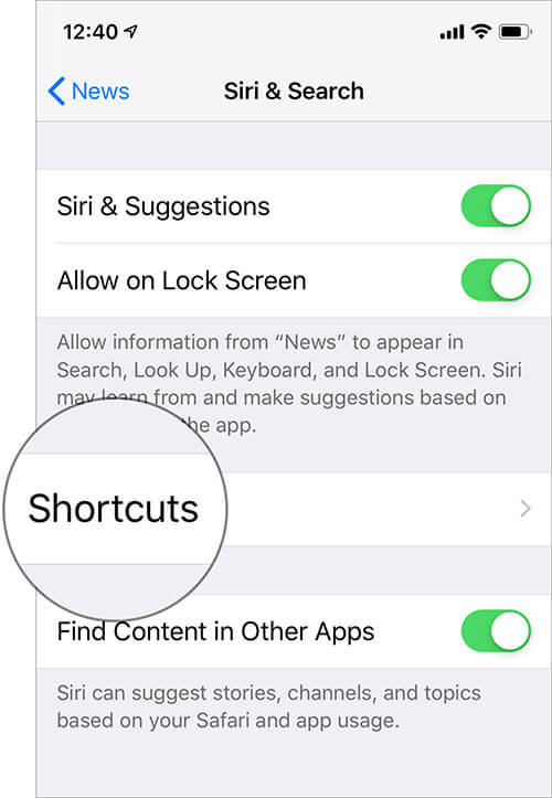 Tap on Shortcuts in iOS Apple News Settings