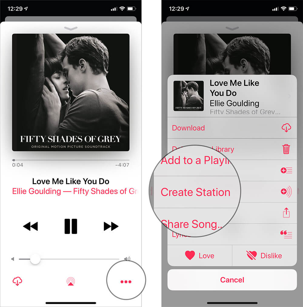 Tap on tiny three dots and hit Create Station in Apple Music