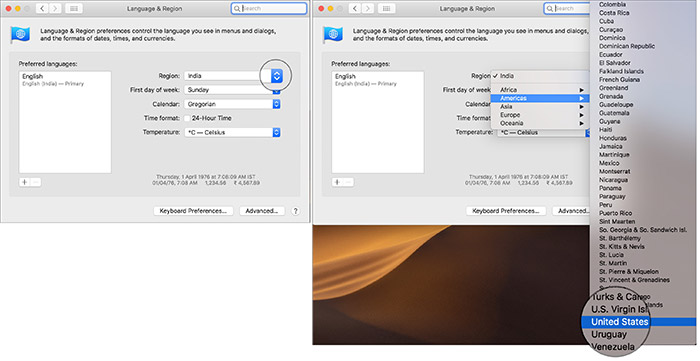Click on drop down menu and select United States in Mac Language & Region