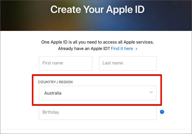 Create New Apple ID with the Select Australia Country