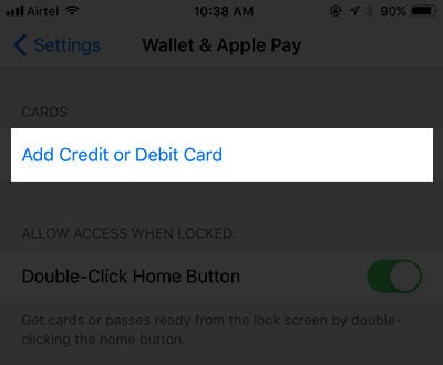 Tap on Add Credit or Debit Card in iOS 11 Settings