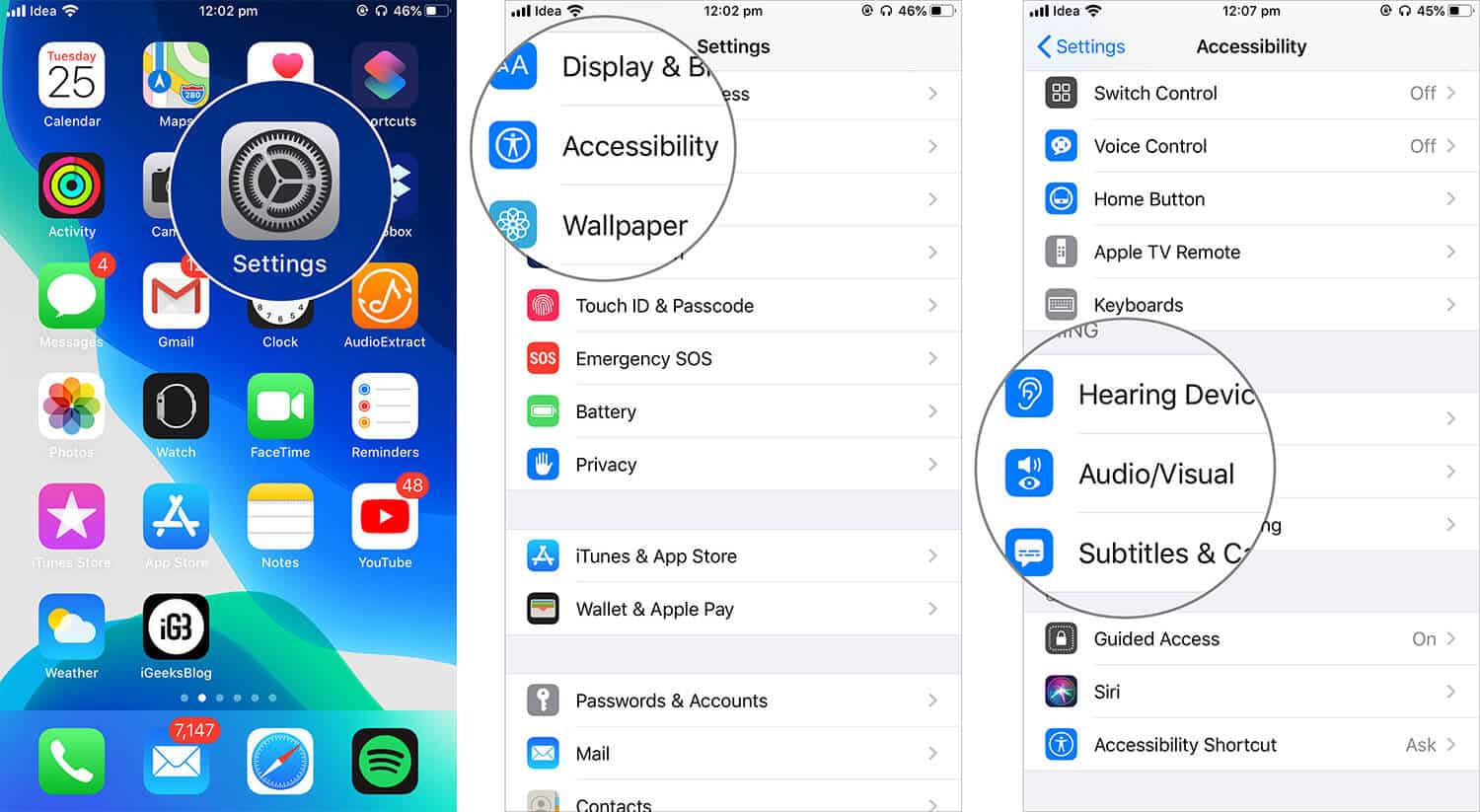 Tap on audiovisual under accessibility in ios 13