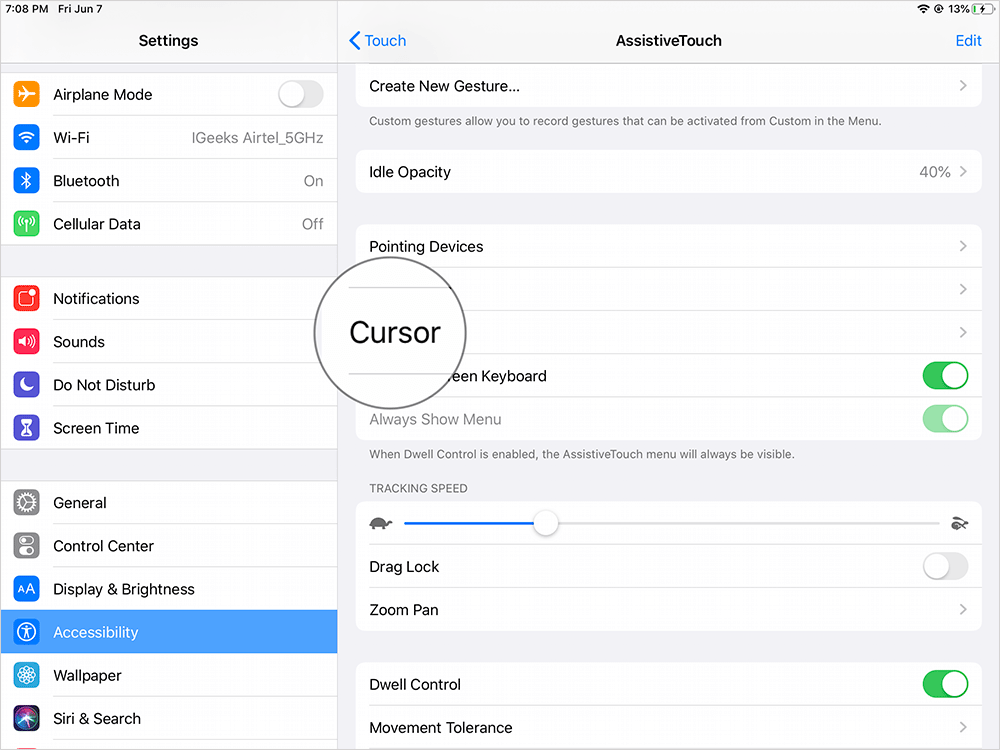 Tap on Cursor in AssistiveTouch Settings on iPad