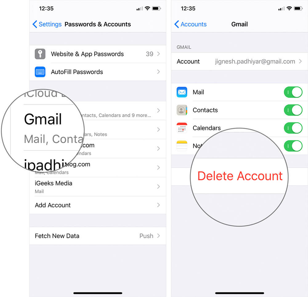 Tap on Delete Email Account and Tap on Delete Account on iPhone or iPad
