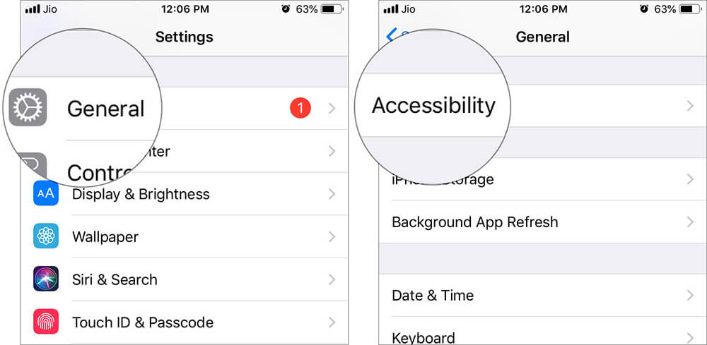 Tap on general and accessibility in ios settings