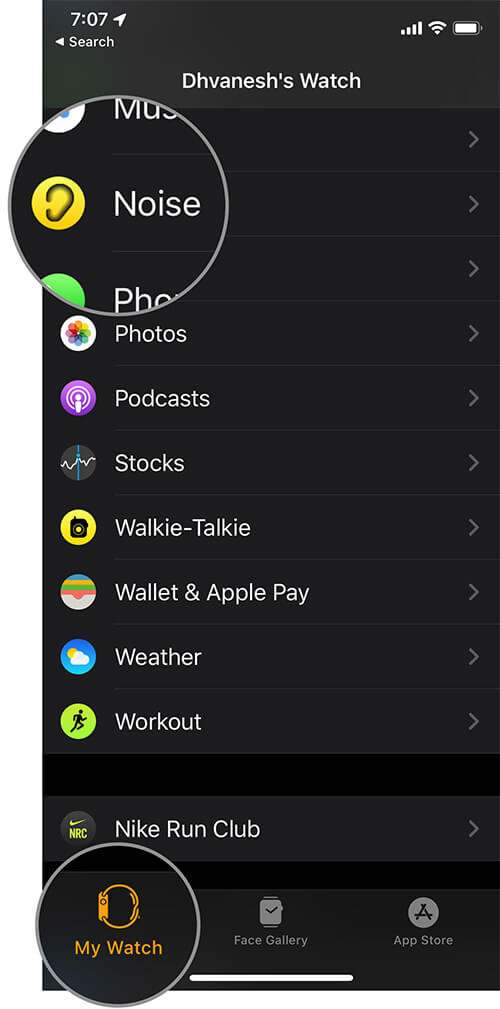 Tap on Noice in Watch App on iPhone