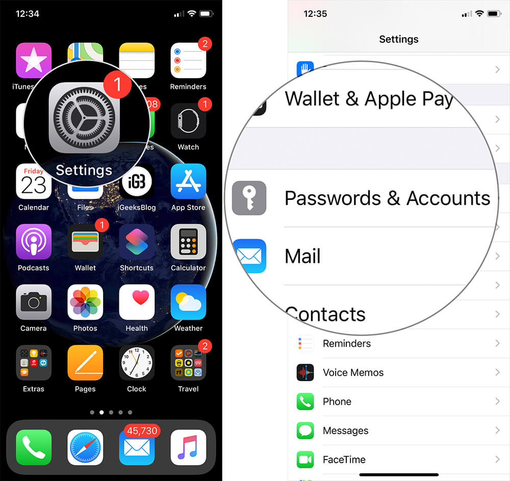 Tap on Settings then Passwords & Accounts on iPhone or iPad