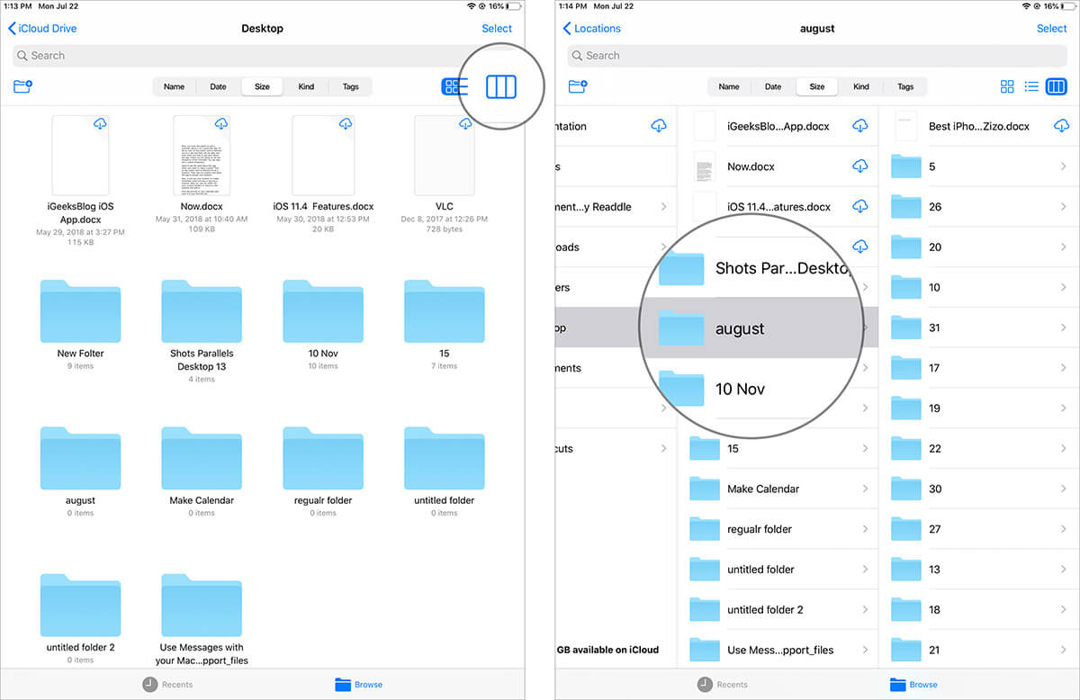 Access Column View in iPadOS Files App