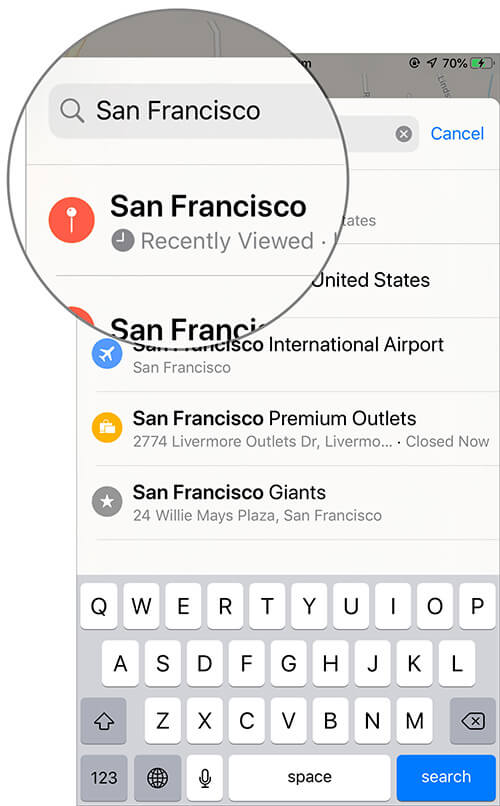 Search Place You want to reach in Apple Maps App