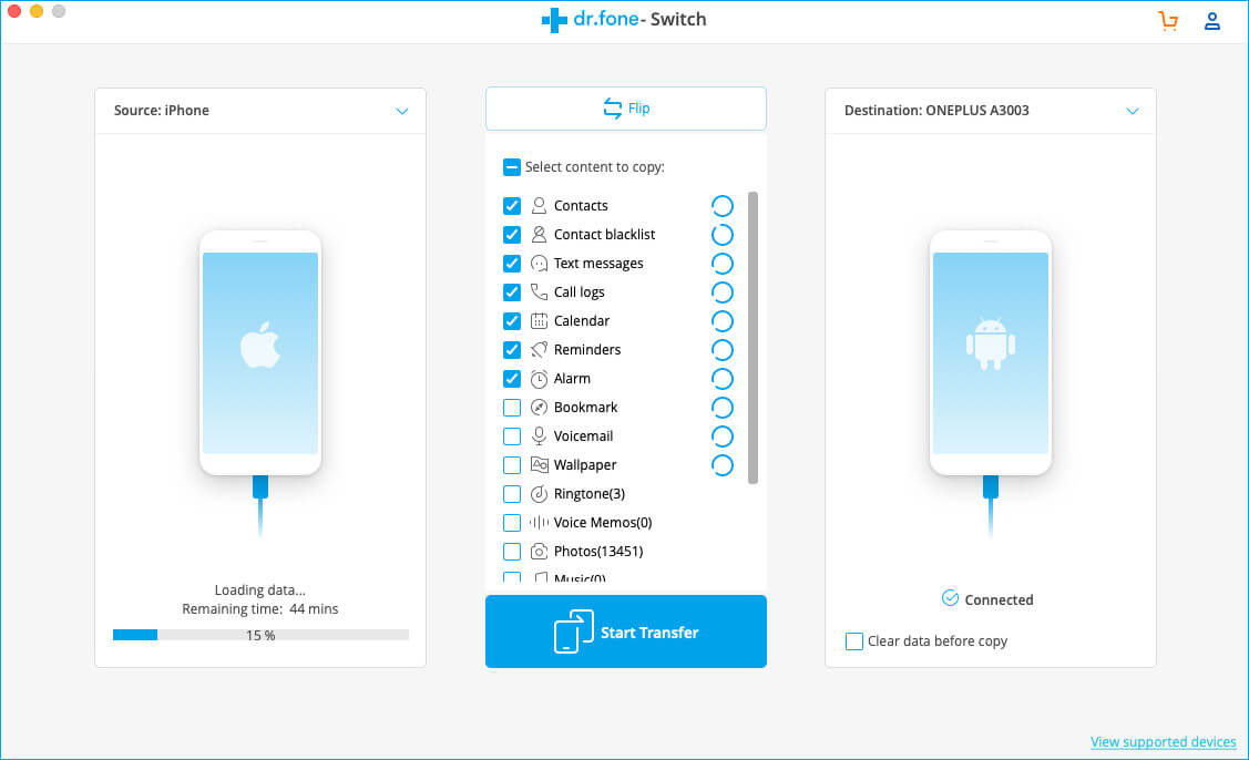 Transfer Data from iPhone to Android or Android to iPhone using Dr.Fone Switch