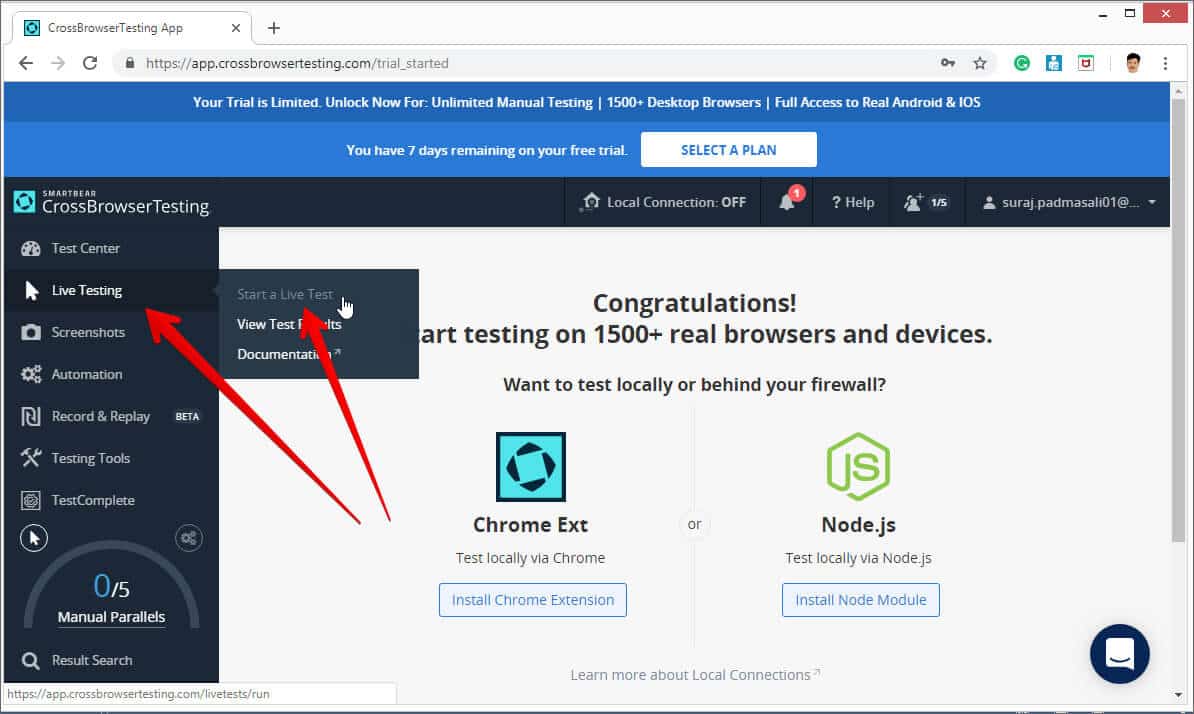 Click on Start a Live Test in Crossbrowsertesting Web