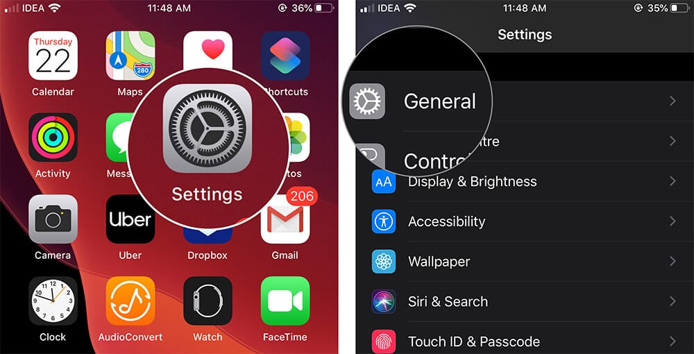Open Settings and Tap on General on iPhone in iOS 13