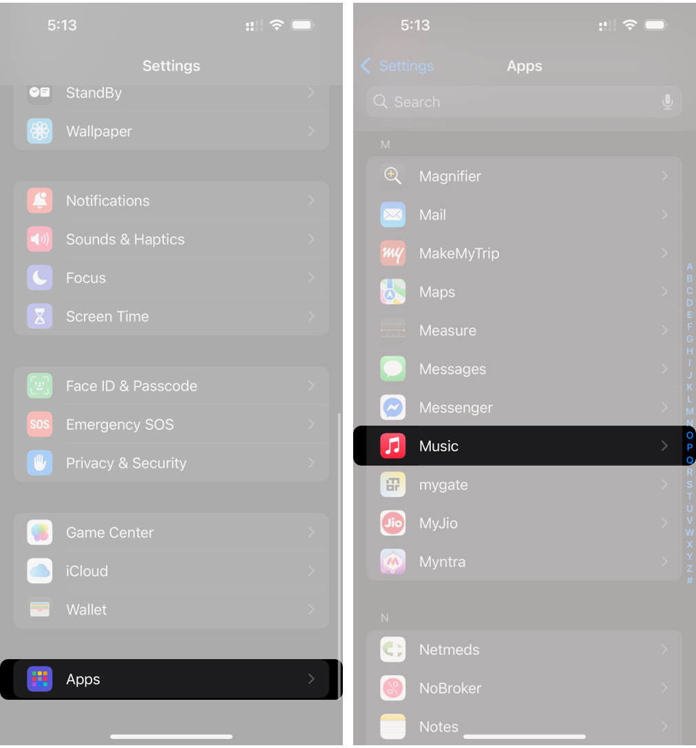 Open Settings, go to Apps, and select Music