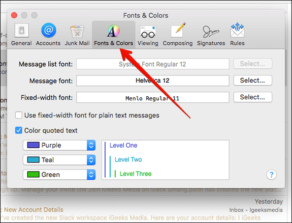 Select Fonts & Colours Tab in Preference on Mac Mail App