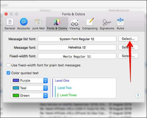 Select To Change Message List Font Option in Mac Mail App