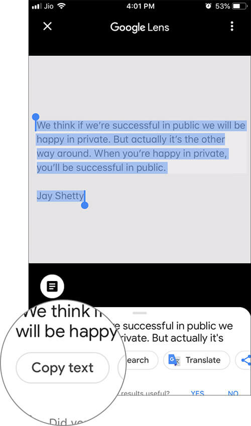 Tap on Copy Text to Extract Text from Image on iPhone and Android