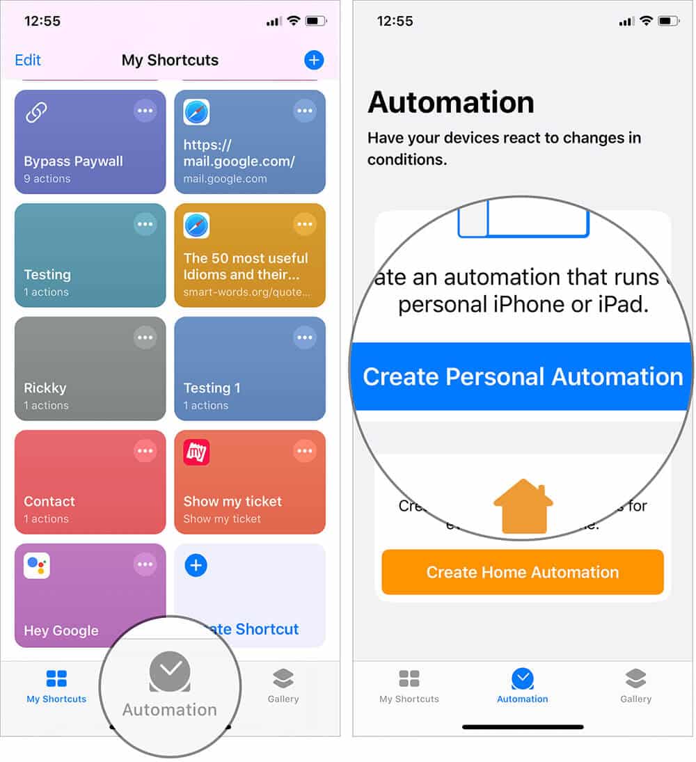 Tap on Create Personal AUtomation in iOS 13 Shortcuts app