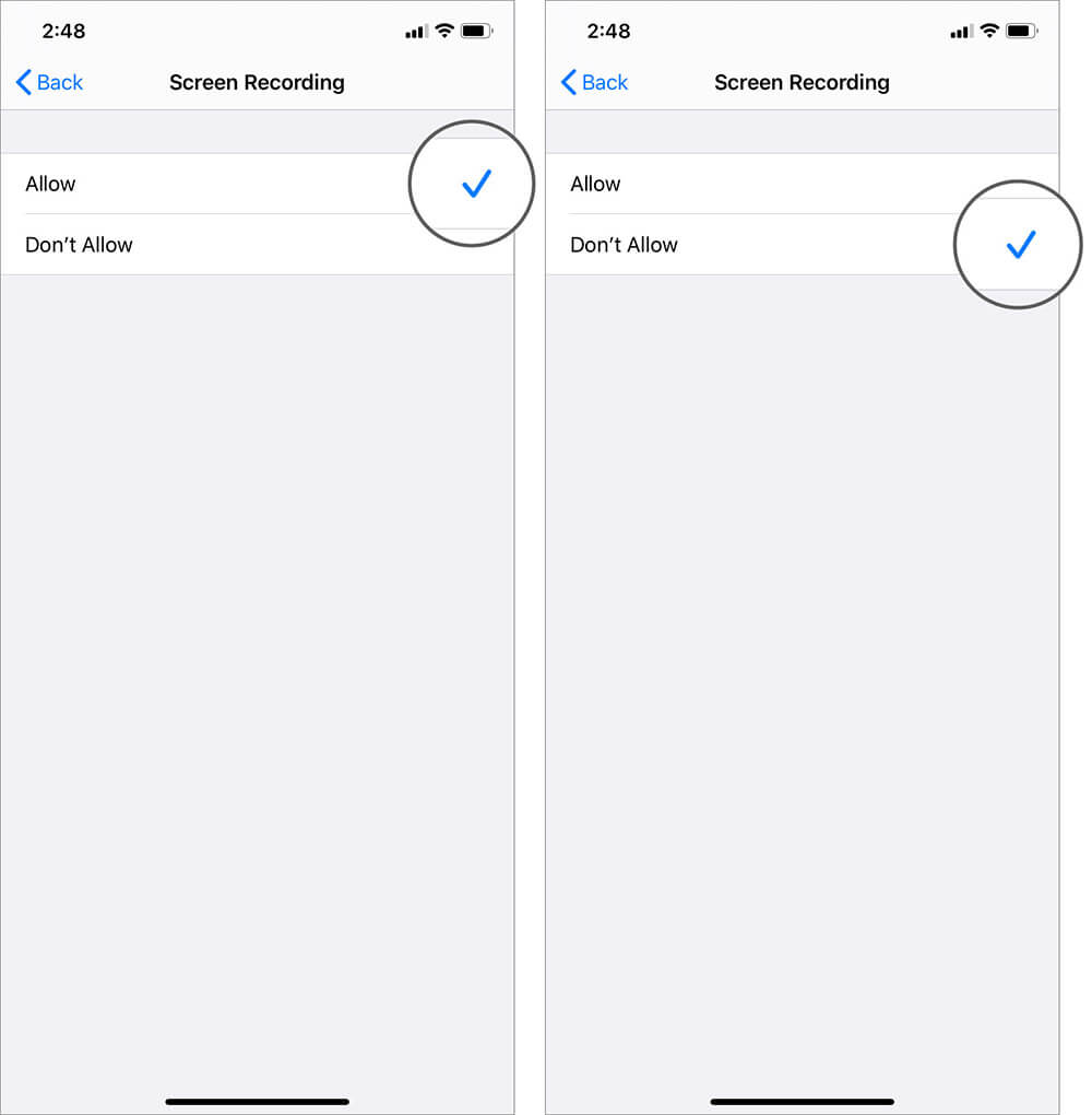 Choose Don't Allow and Block Screen Recording in Apple Arcade Games on iPhone