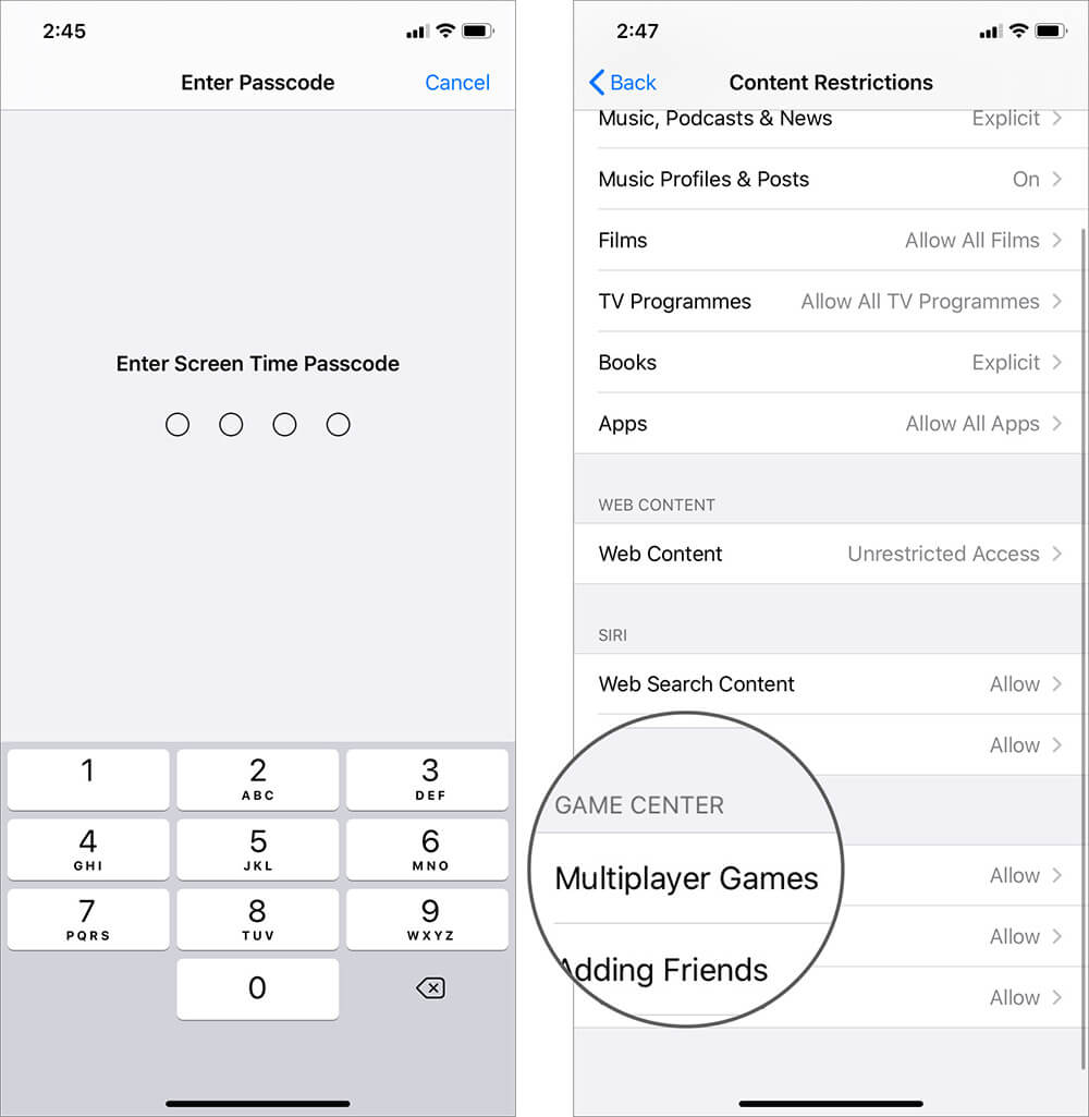 Choose Multiplayer Games Option in Screen Time on iPhone
