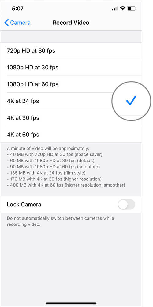 Choose desired 4K resolution to Record 4K Selfie with iPhone 11, 11 Pro and 11 Pro Max