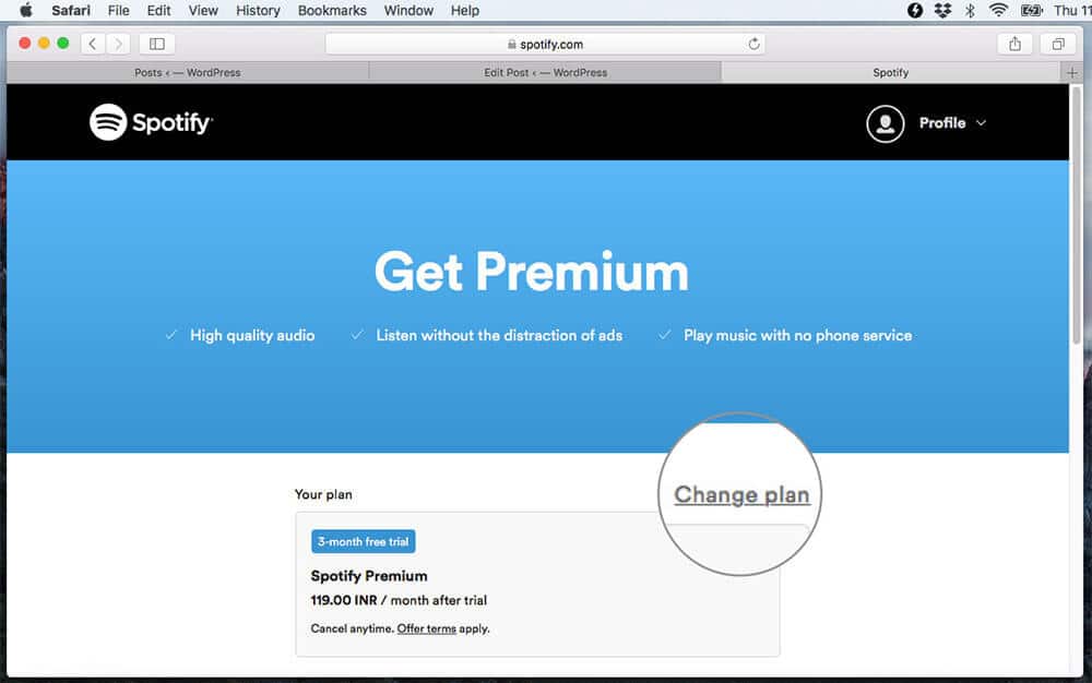 Click Change plan to Buy Spotify Paid Plan on Mac