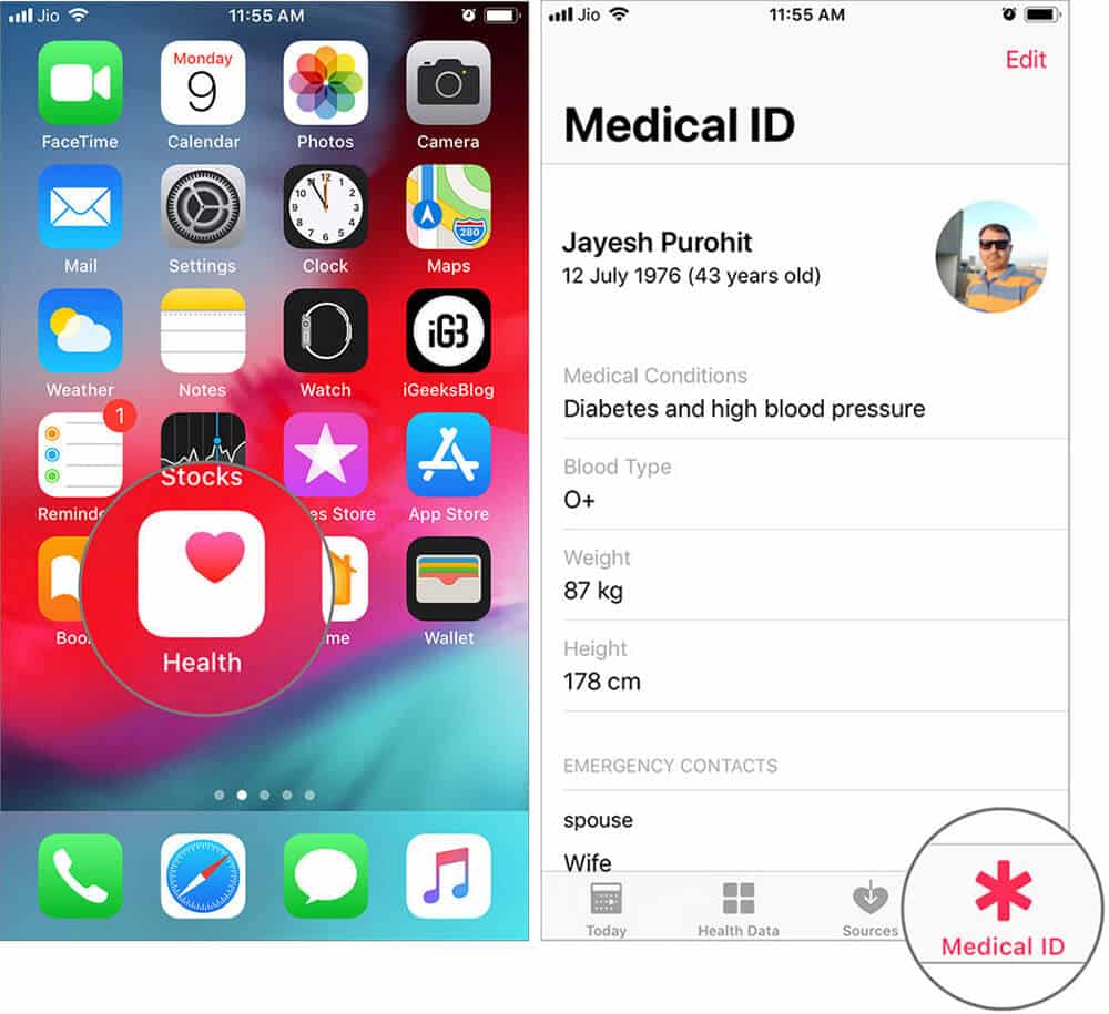 Open Health App and Tap on Medical ID in iPhone