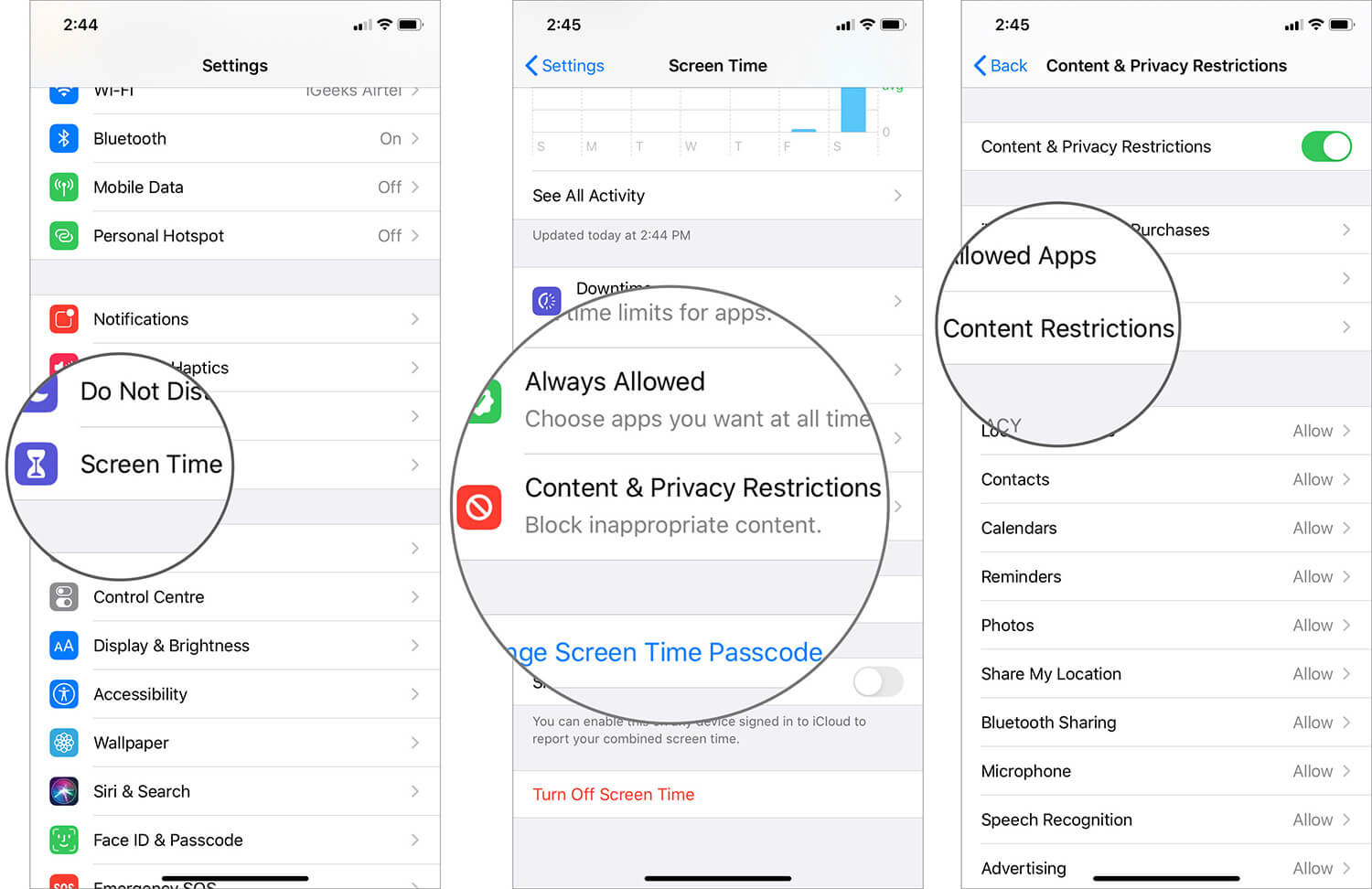 Open Screen Time in iOS Settings App and goto Content Restriction on iPhone