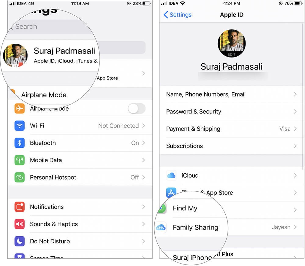 Select Apple ID On Settings for Family Sharing Apple Arcade Subscription