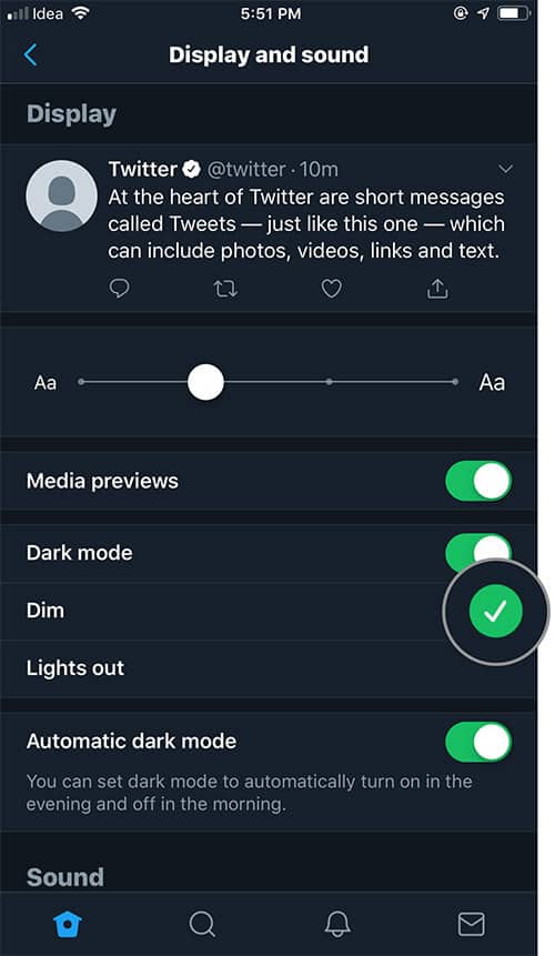 Select Dim to enable Twitter blue-gray color dark mode on iPhone or iPad
