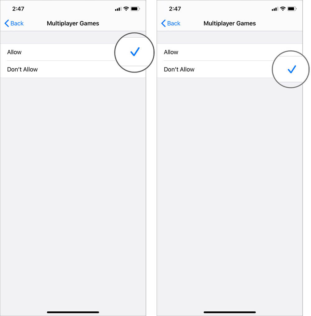 Select Don't Allow to Stop Accessing Multiplayer Games on iPhone