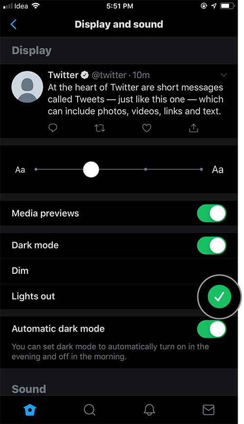 Select Light out to enable Twitter Lights out dark mode on iPhone or iPad