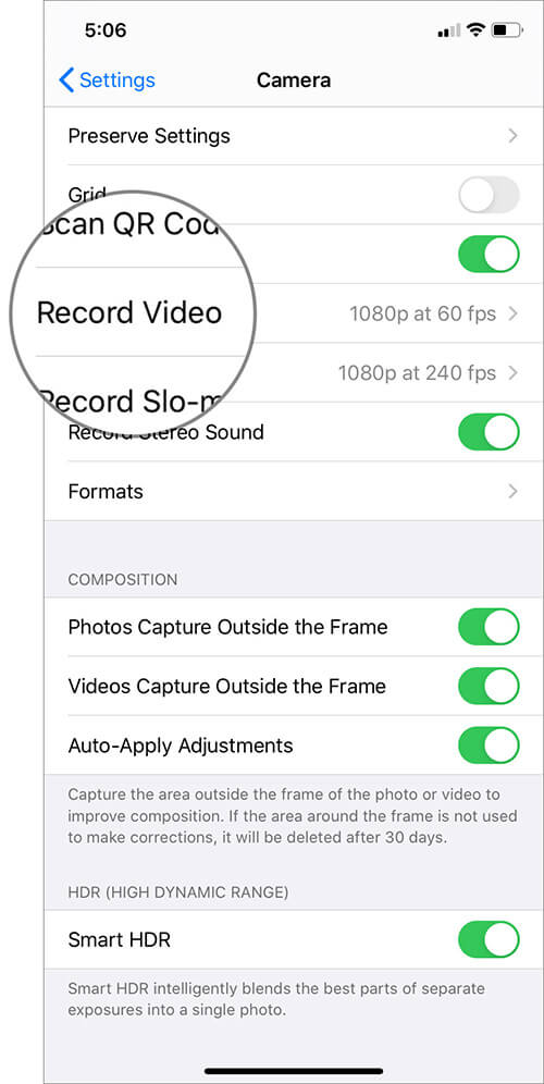 Select Record Video in Camera Settings on iPhone