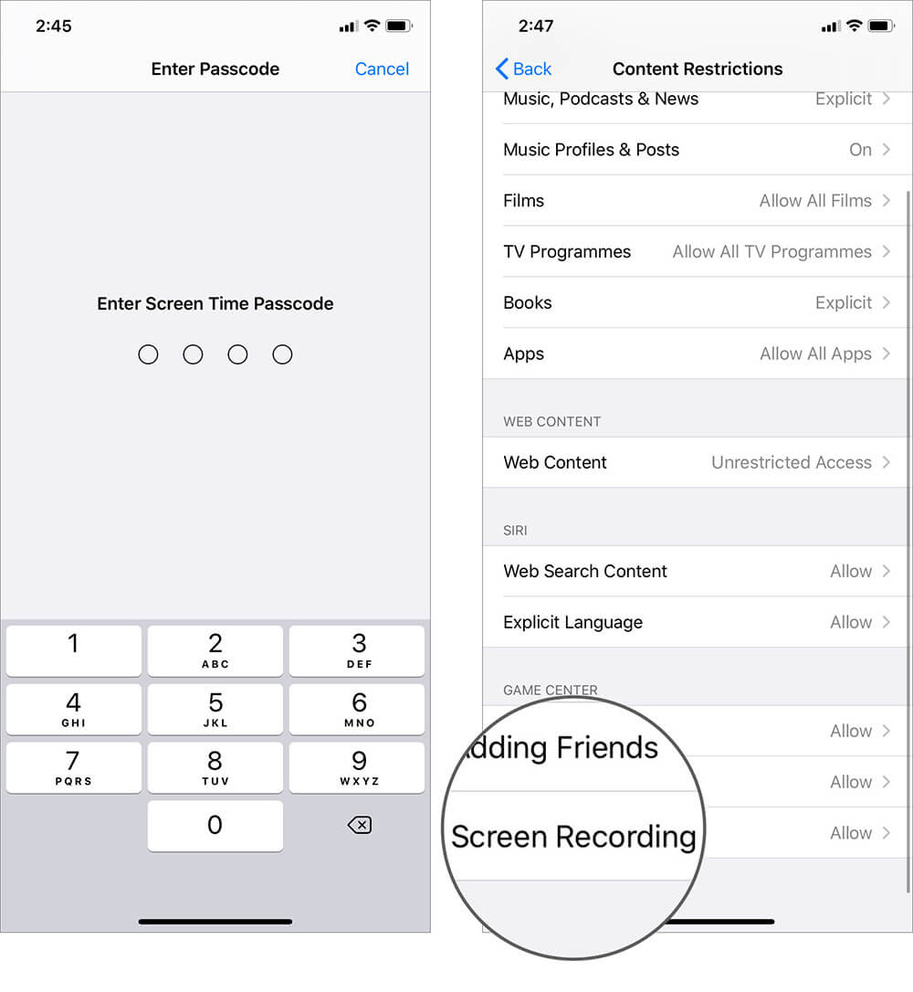 Select Screen Recording in Game Center in Screen Time App on iPhone