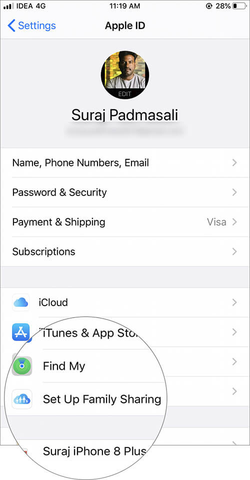 Select Set Up Family Sharing Tab in iOS 13 Settings