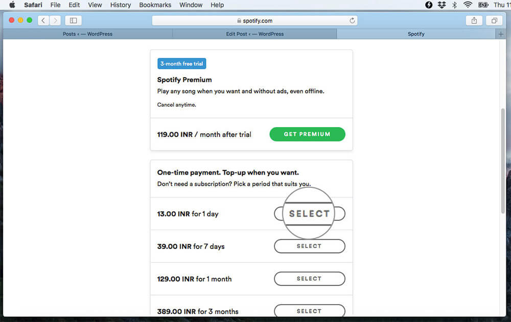 Select Spotify Subscription Plan in Spotify website on Mac