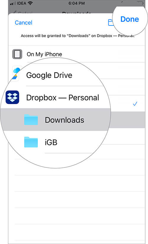 Select any third-party Storage service to Save Safari Download Files on iPhone