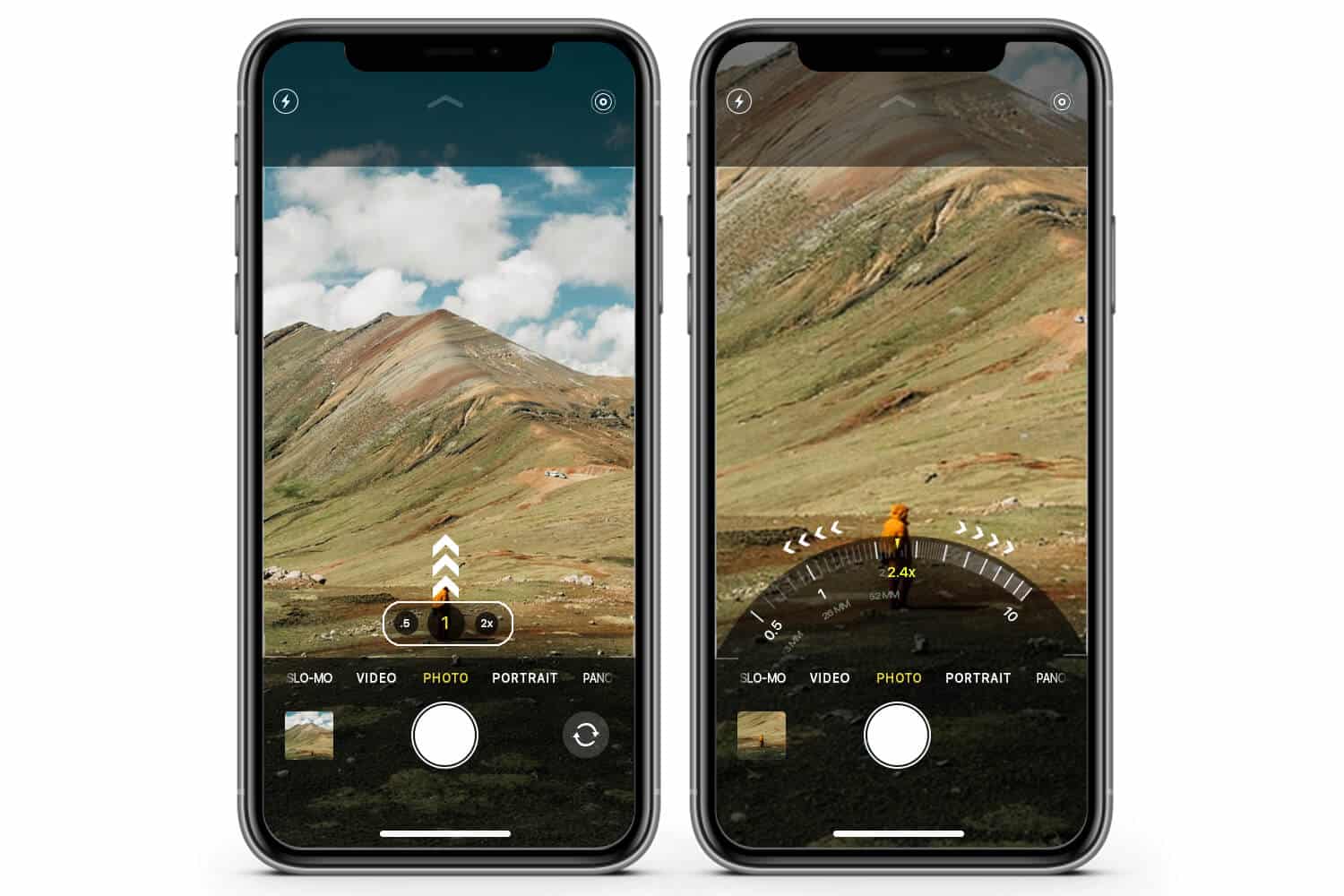 Switch between Ultra-Wide, Wide, and Telephoto lens on iPhone 11 Pro Using Radial zoom wheel