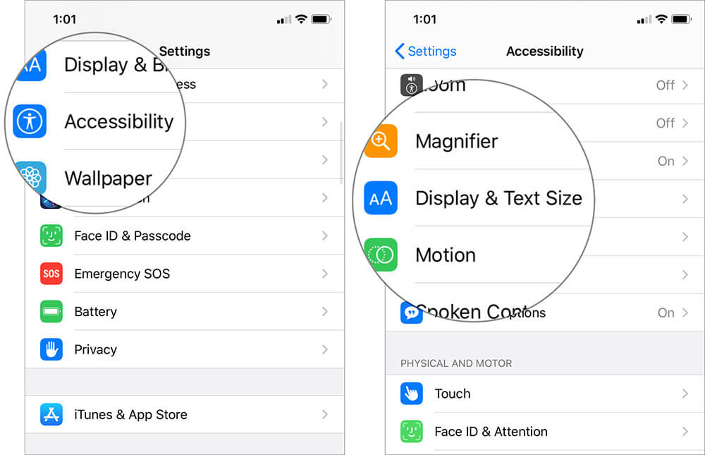 Tap on Accessibility and Select Display and Text Size in iOS 13 Settings