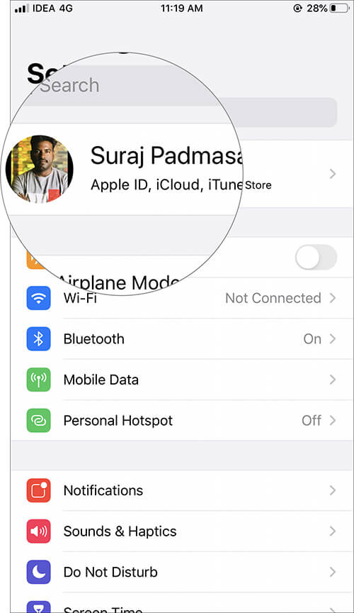 Tap on Apple ID Profile in iOS 13 Settings