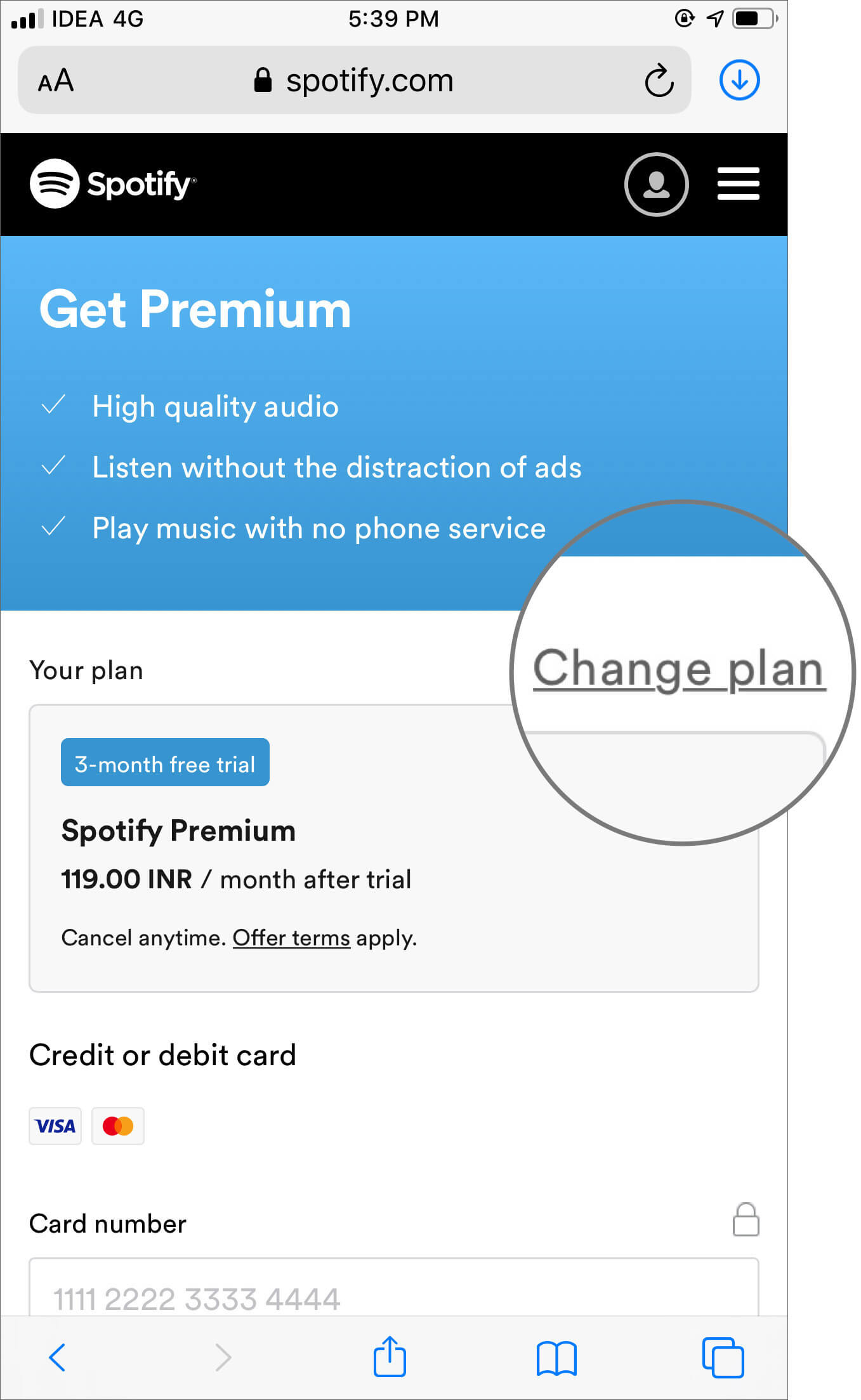 Tap on Change plan to Get Spotify Premium Plan on iPhone