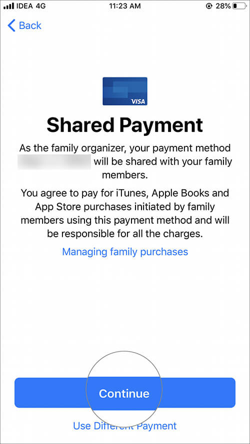 Tap on Continue for Share Payment information in iOS Family Sharing