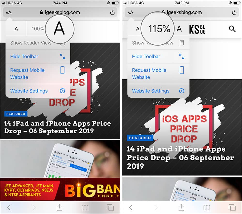 Tap on Font icon to Make Text Bigger in Safari on iOS 13 Device