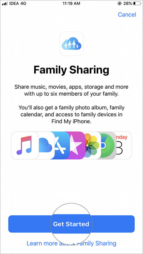 Tap on Get Started Family Sharing on iPhone