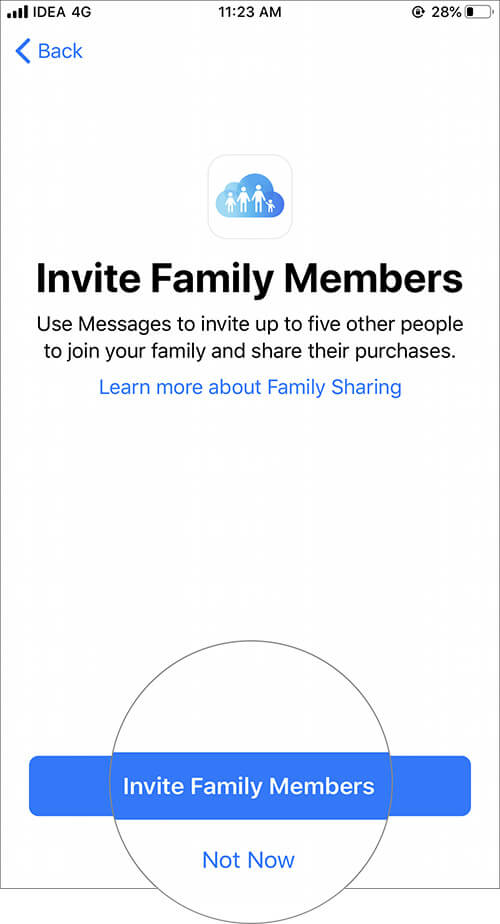 Tap on Invite Family Members in iOS Family Sharing