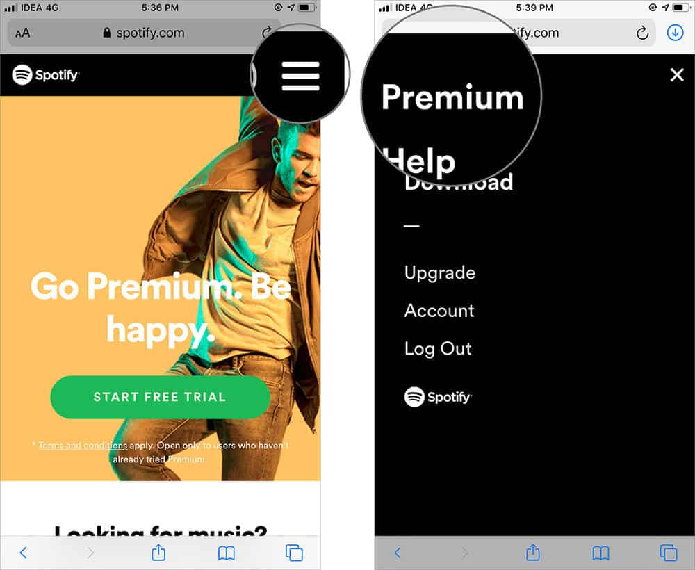Tap on Menu and Select Premium in Spotify on iPhone