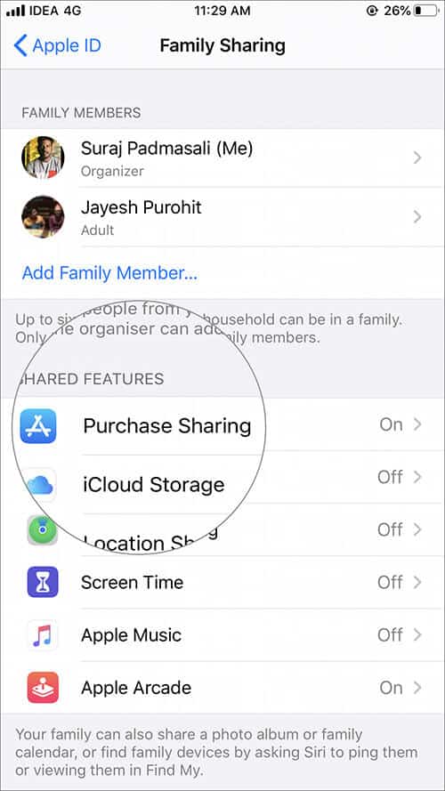 Tap on Purchase Sharing in iOS 13 Family Sharing Settings