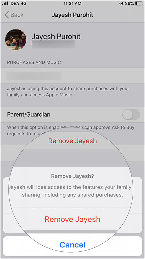 Tap on Remove Account again to confirm in iOS Family Sharing Setting