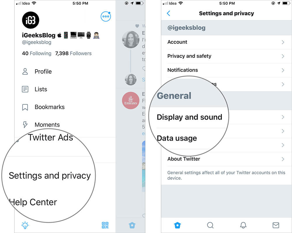 Tap on Settings and privacy and then Display and sound in iOS Twitter app