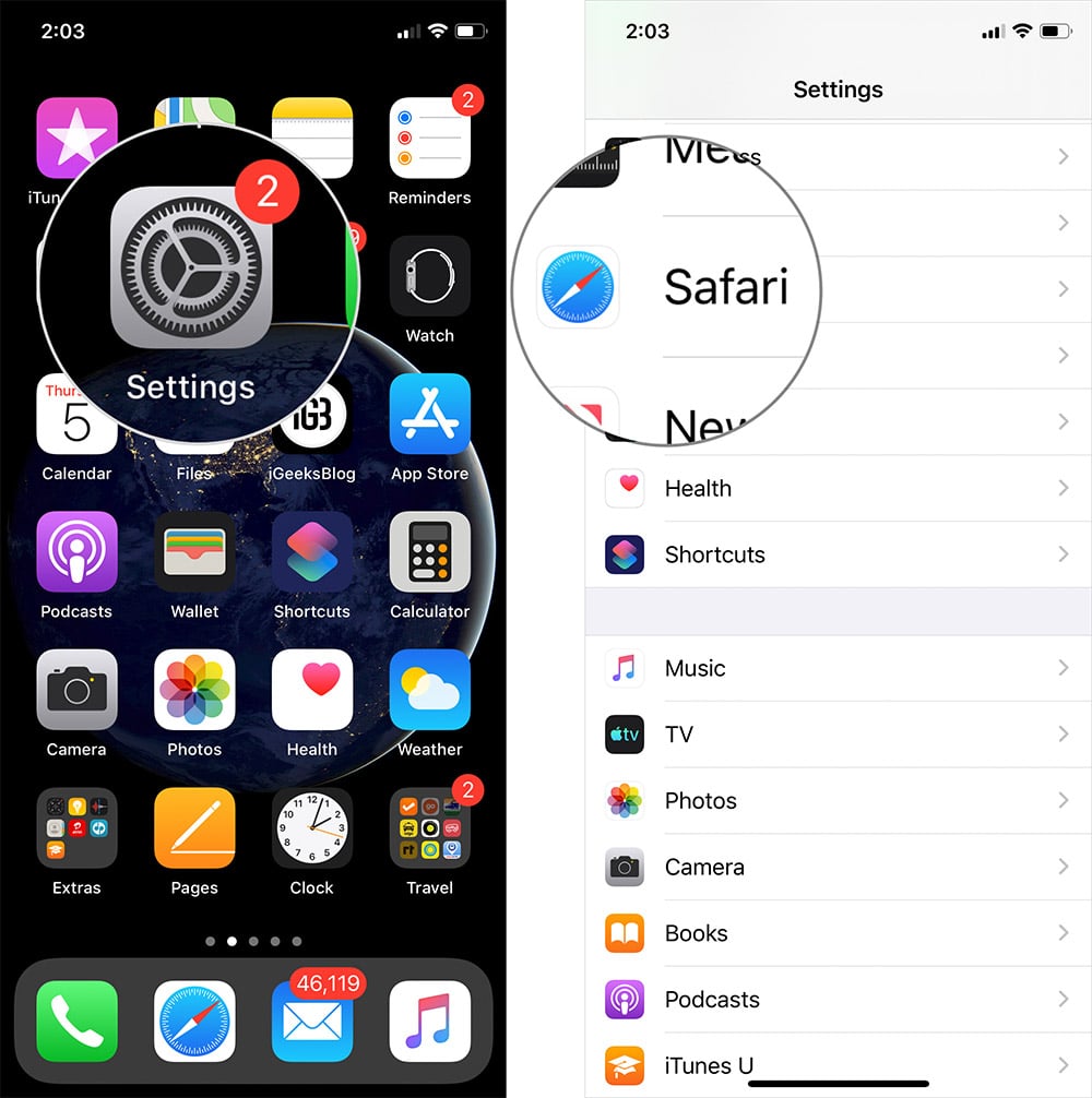 Tap on settings then safari on iphone or ipad Tap on Settings then Safari on iPhone or iPad